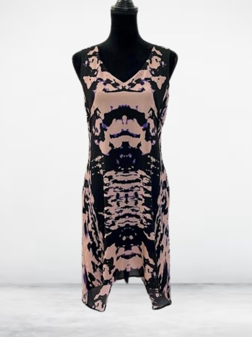 Bar III Ink Blot Sleeveless Tunic Dress SMALL Beige Black Purple print
